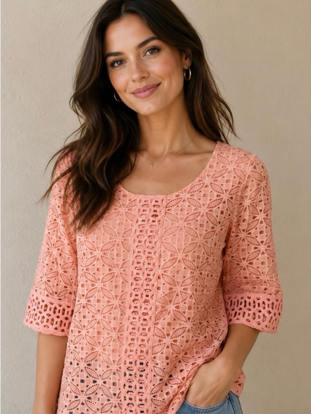 TanJay Peach Crochet Lace Scoop Neck Blouse